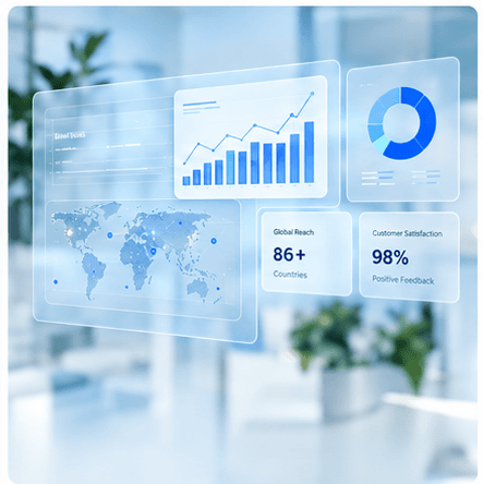 Analytics dashboards with growth charts and a world map, floating in a bright office