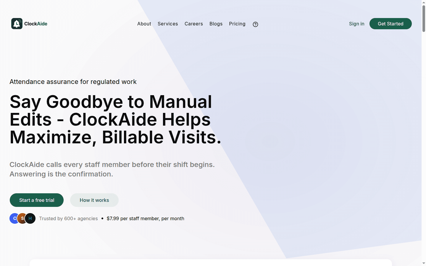 The ClockAide homepage: reminder calls that confirm every shift