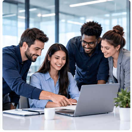 Four colleagues working together around a laptop